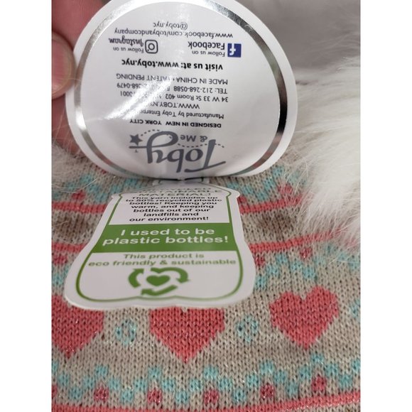 Toby Me Girls 3 Piece Infinity Scarf Handwear Teal Tan Pink Heart Fur PomPom Hat - Picture 7 of 9